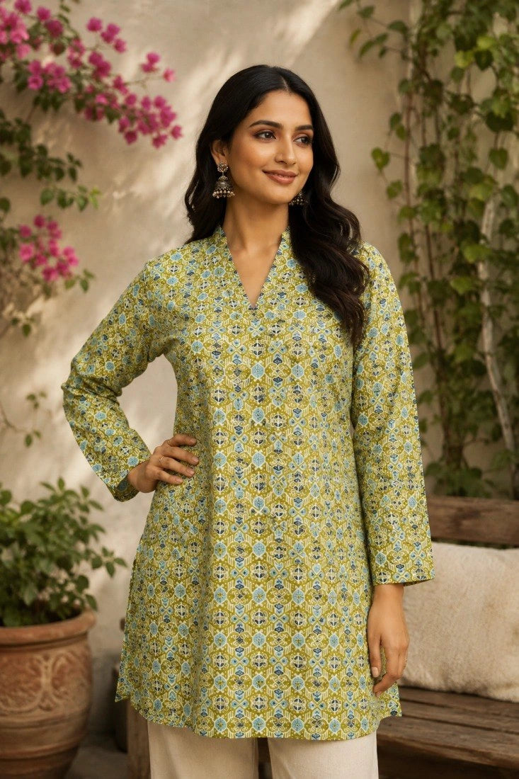 Woman wearing a green floral patterned kurta with plants and flowers in the background