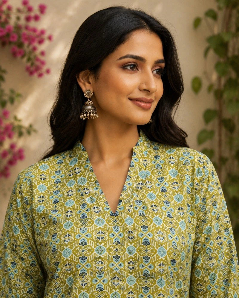 Woman wearing a green floral patterned top with earrings, against a floral background