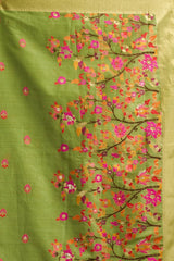 Green fabric with pink floral pattern