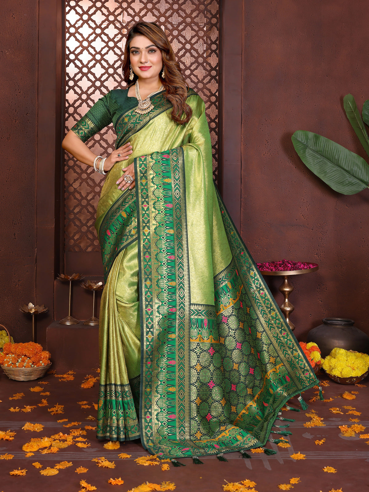 Middle green-yellow Banarasi tissue silk saree with intricate zari weaving displayed on Shopify product page.