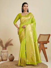 Woman wearing a bright green saree with a wooden chair and decorative vases in the background