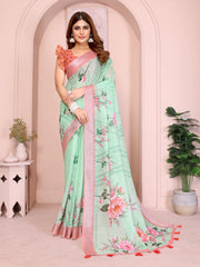 Mint Green Digital Floral Print Saree front view – linen cotton with large pink peony blooms and contrast pink border