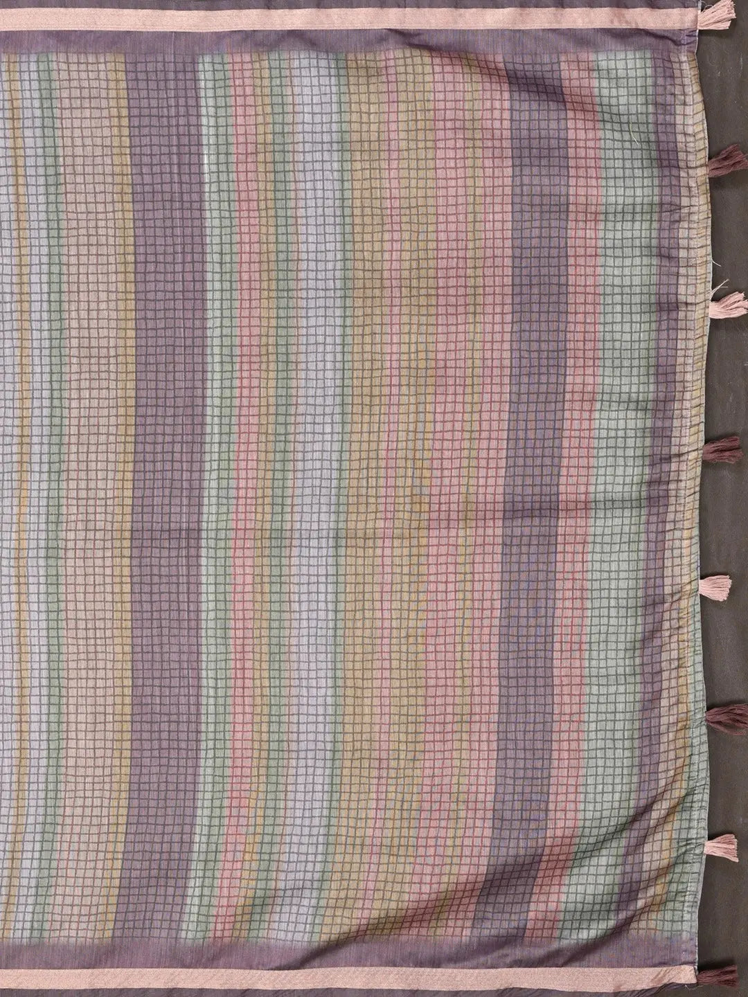 Multicolor Digital Print Chanderi Saree flat lay showing multicolour check and self border