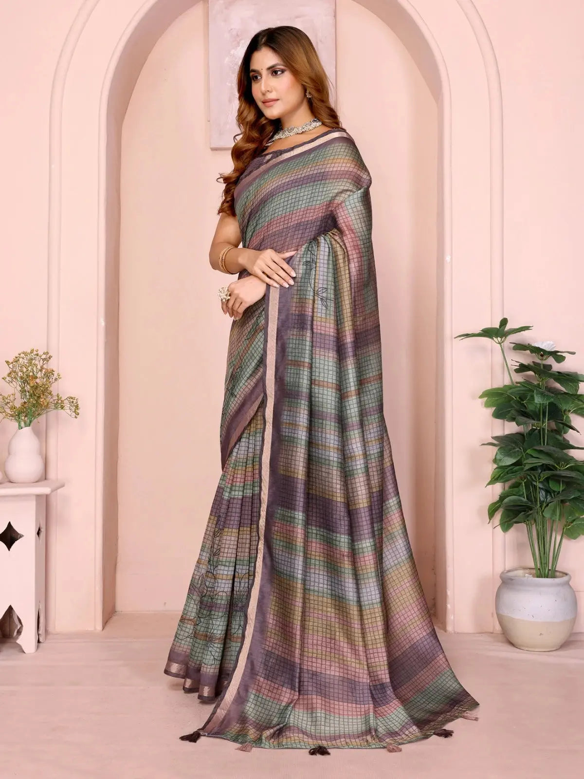 Multicolor Digital Print Chanderi Saree – side drape view showing self border