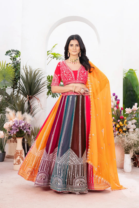 Multicolor Zari Embroidered Lehenga with sequins work, faux georgette, front view with orange dupatta
