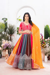 Multicolor Zari Embroidered Lehenga with sequins work, faux georgette, front view with orange dupatta