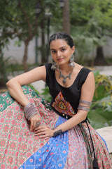 Product page showing festive multicolor digital print cotton lehenga with rich gota patti and mirror lace craftsmanship.