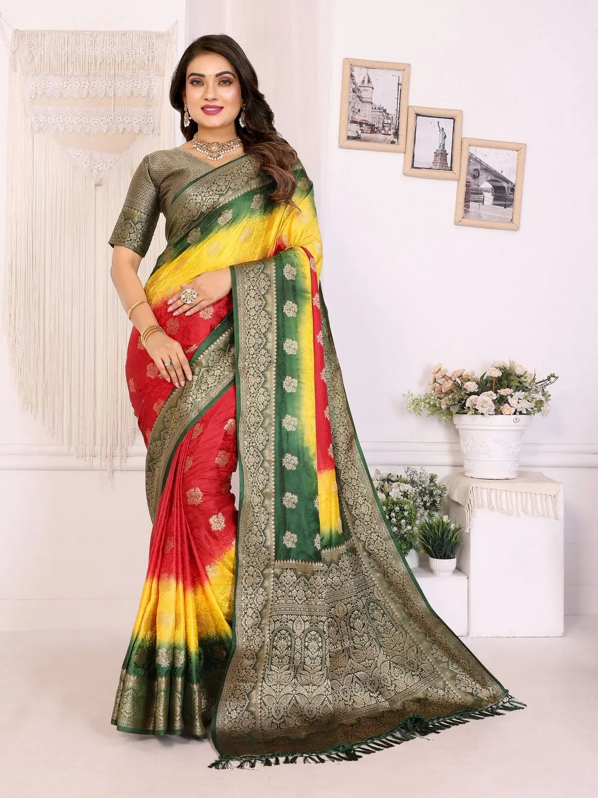 Woman wearing a colorful saree with a white background