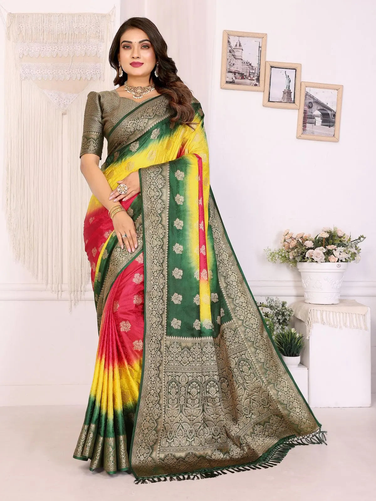 Woman wearing a colorful saree with a white background