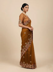 Woman wearing a brown saree with intricate patterns on a beige background