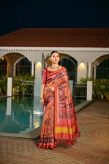Mustard yellow Patola silk saree with traditional Ikkat print displayed on Shopify product page