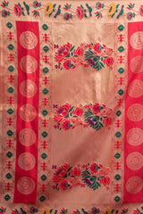 Decorative fabric with floral and geometric patterns on a beige background