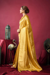 Woman in a gold dress standing against a red background