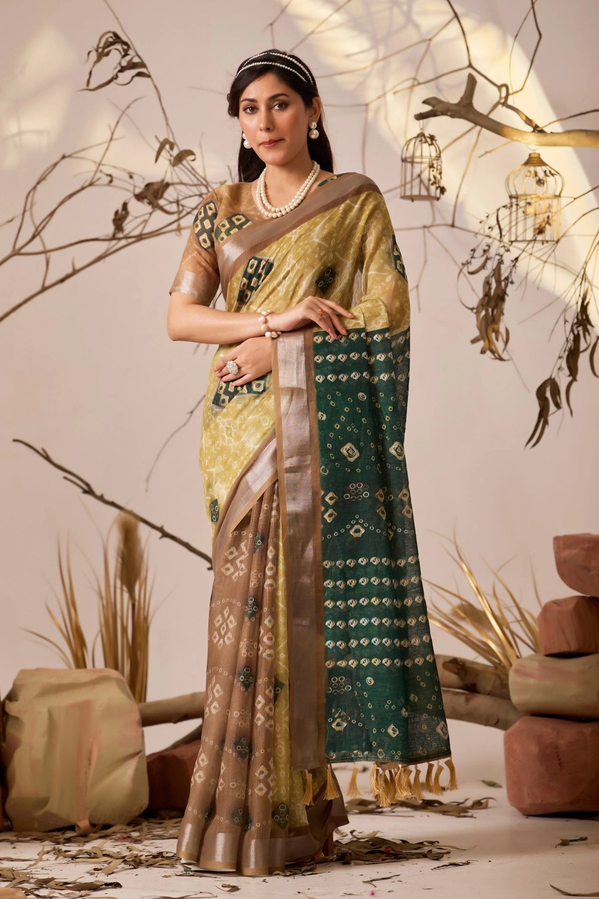 Woman in a traditional saree with a decorative background