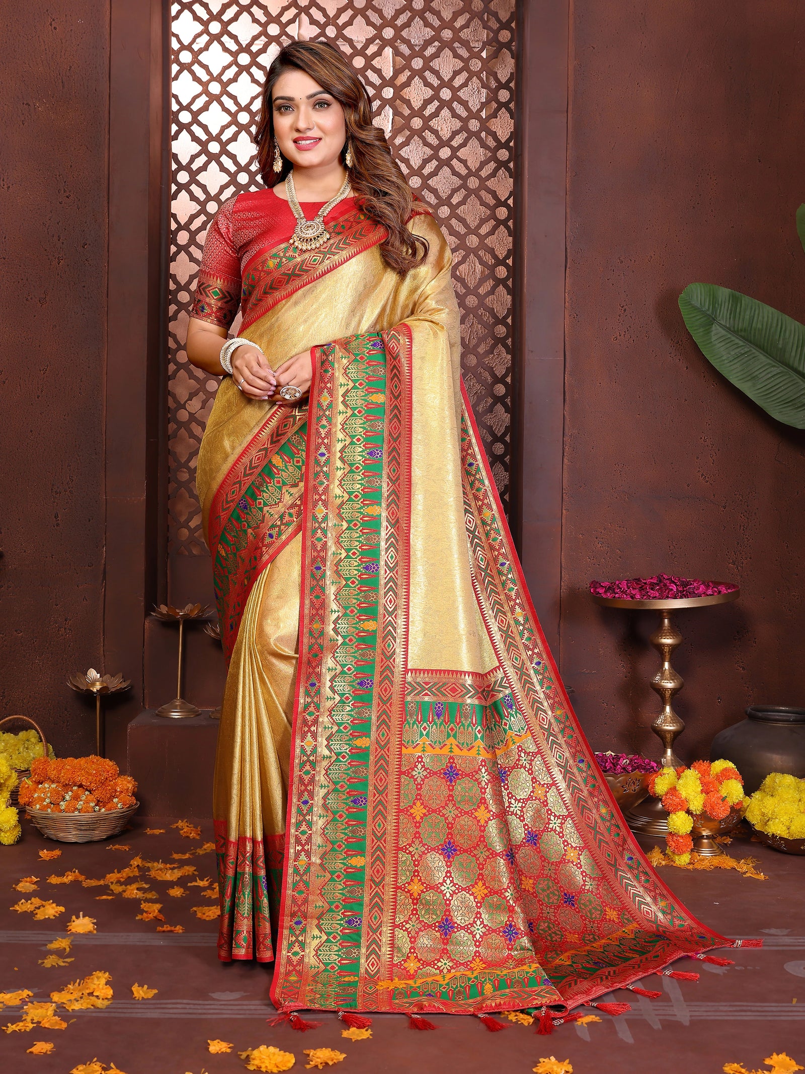Luxurious mustard yellow Banarasi tissue silk saree with intricate zari weaving, displayed on product page.