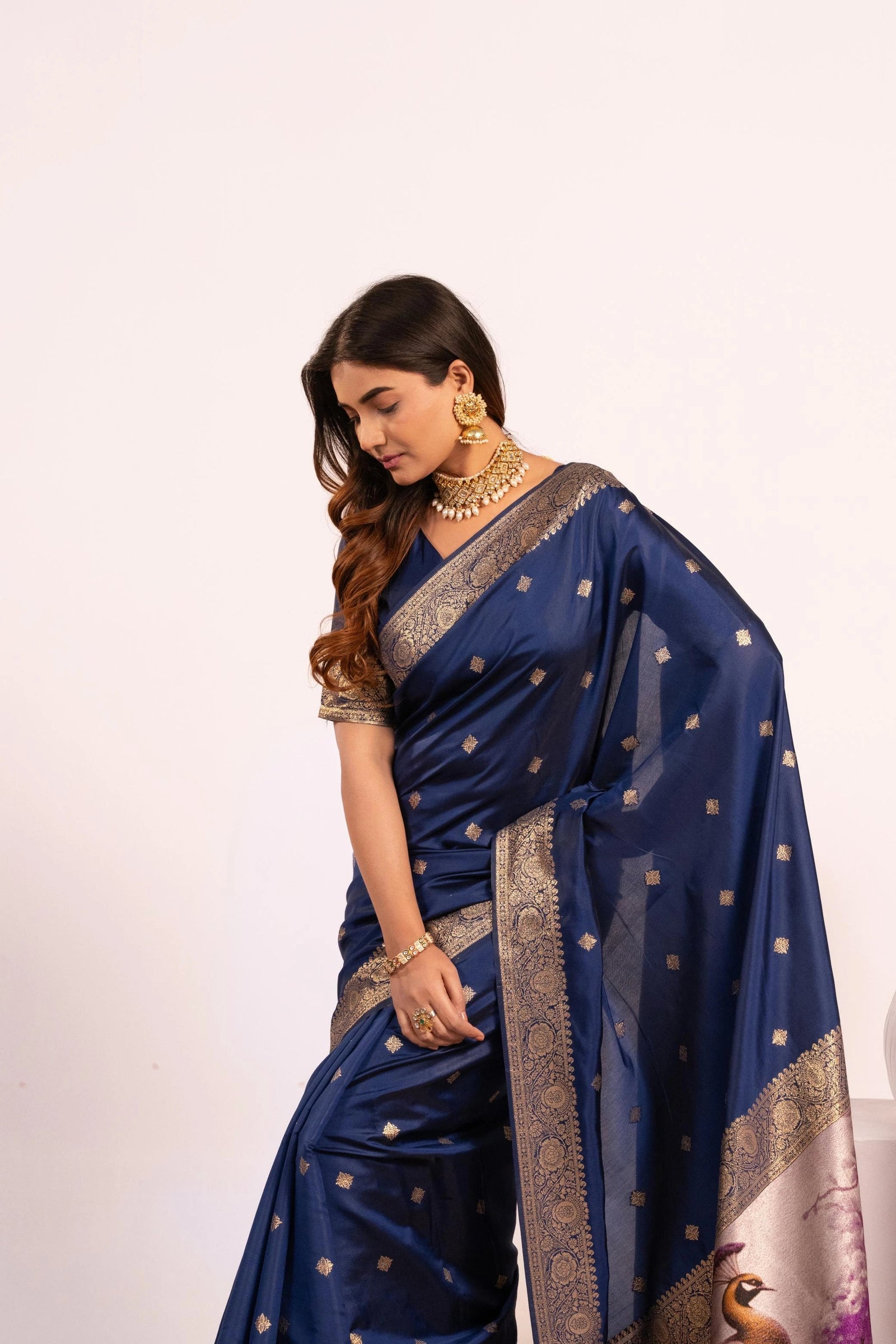 Navy Blue Soft Banarasi Silk Saree Kalyanja Fashion