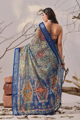 Navy Blue Aztec Digital Print Saree – back view showing halter blouse and geometric pallu spread