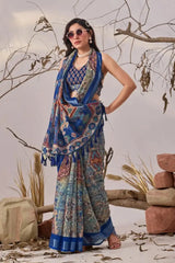 Navy Blue Aztec Saree – full front view styled with sunglasses and contrast Aztec pallu