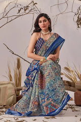 Navy Blue Linen Cotton Saree – seated full drape with blue tasselled Aztec pallu