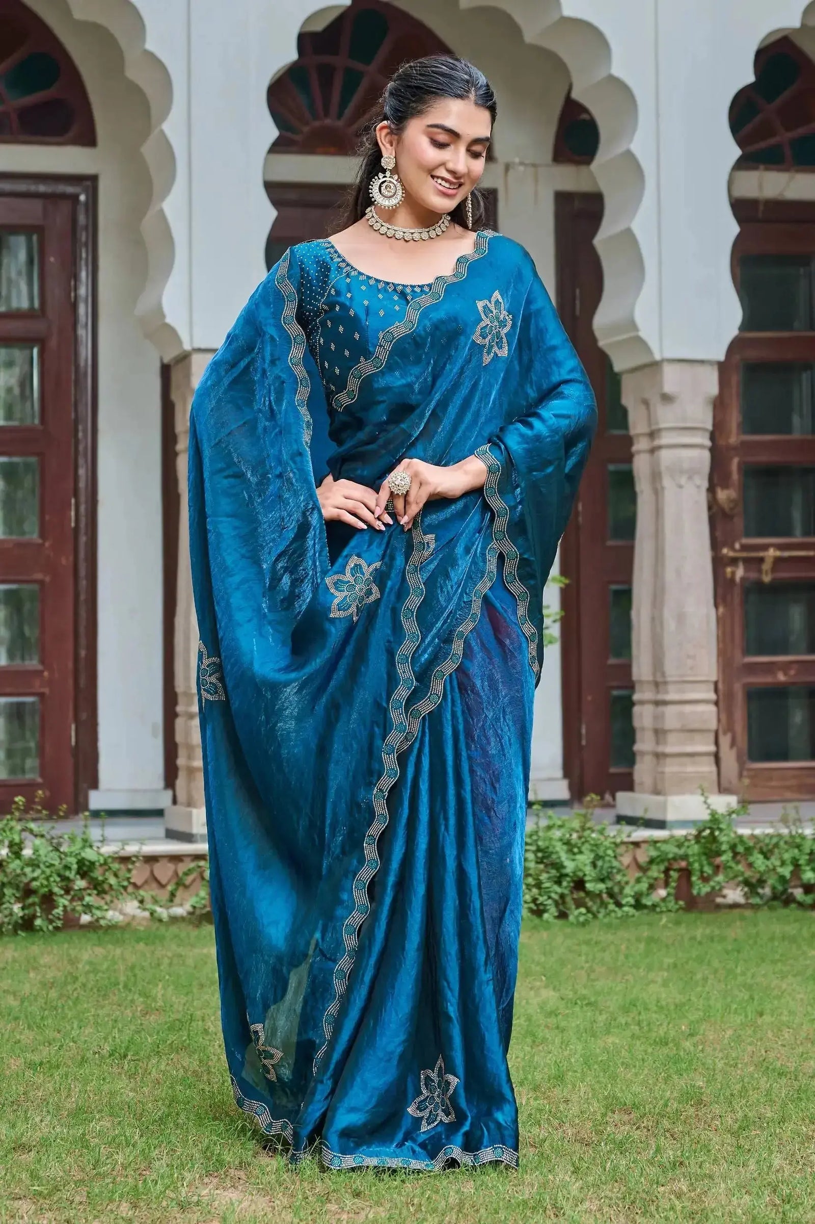 Navy Blue Diamond Work Saree blouse detail with floral stone motif