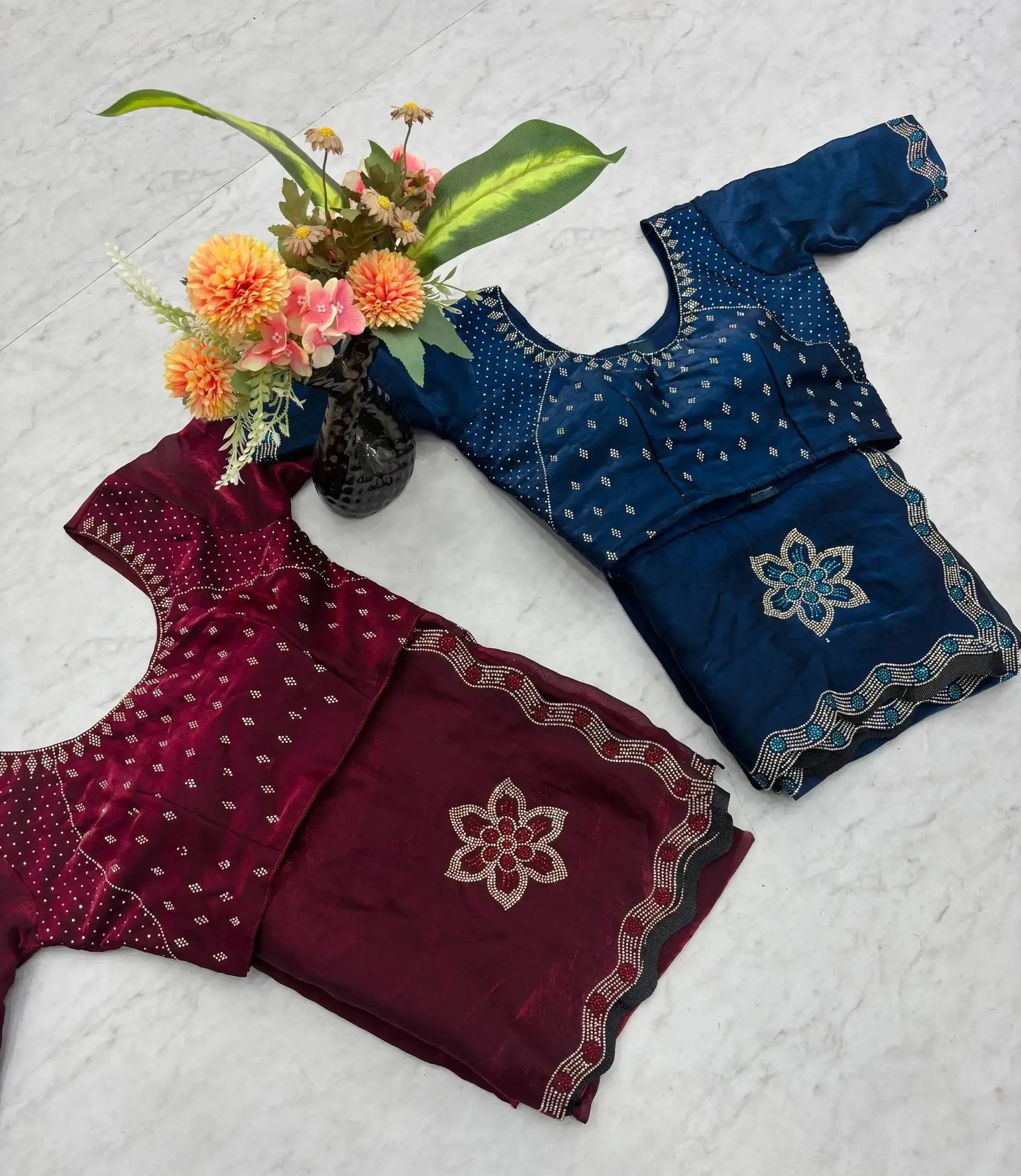 Navy Blue and Maroon Diamond Work Saree blouse pieces flat lay comparison