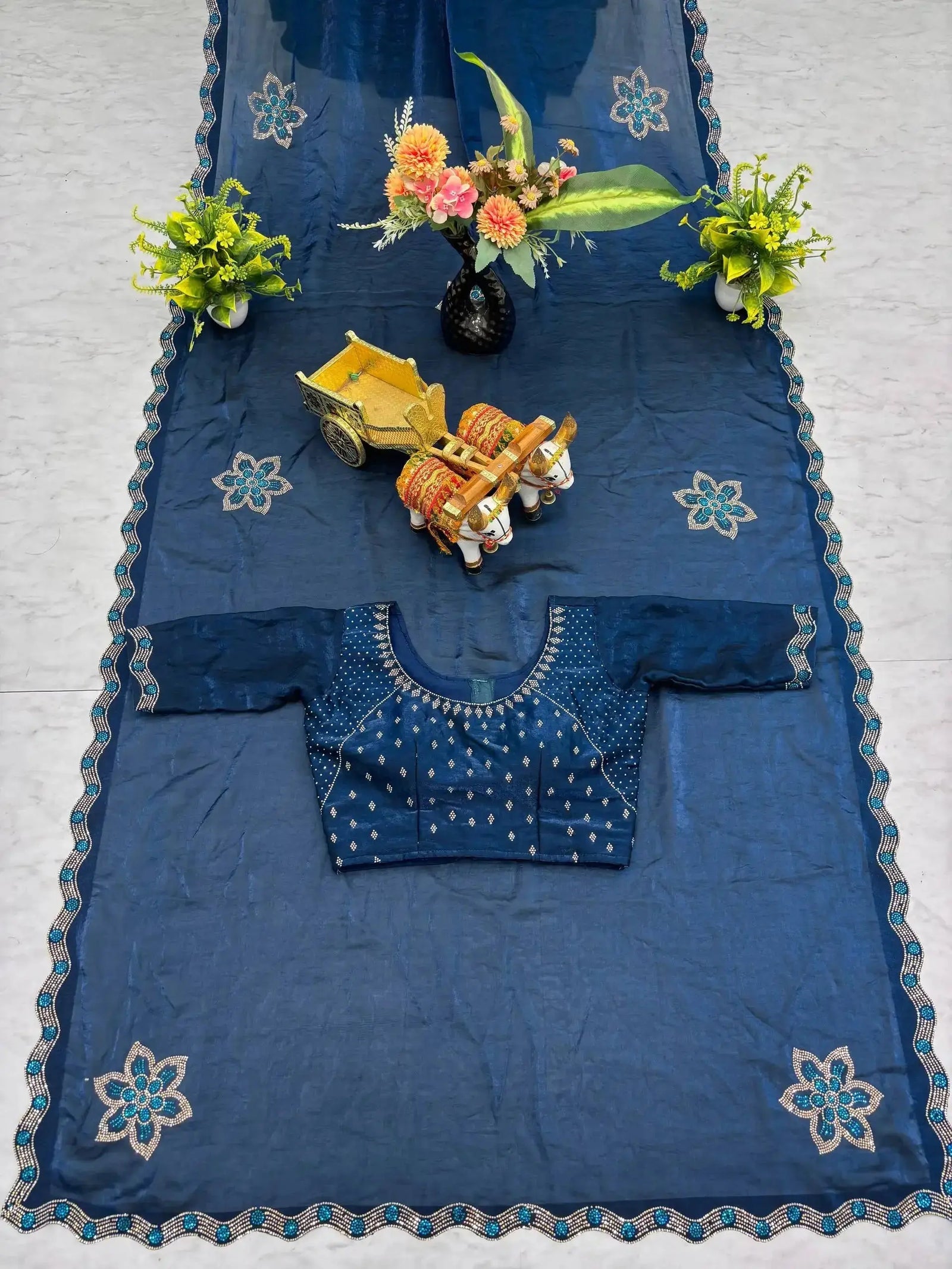 Navy Blue Diamond Work Saree flat lay top view with blouse and border detail