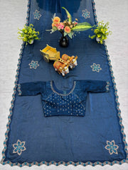 Navy Blue Diamond Work Saree flat lay top view with blouse and border detail