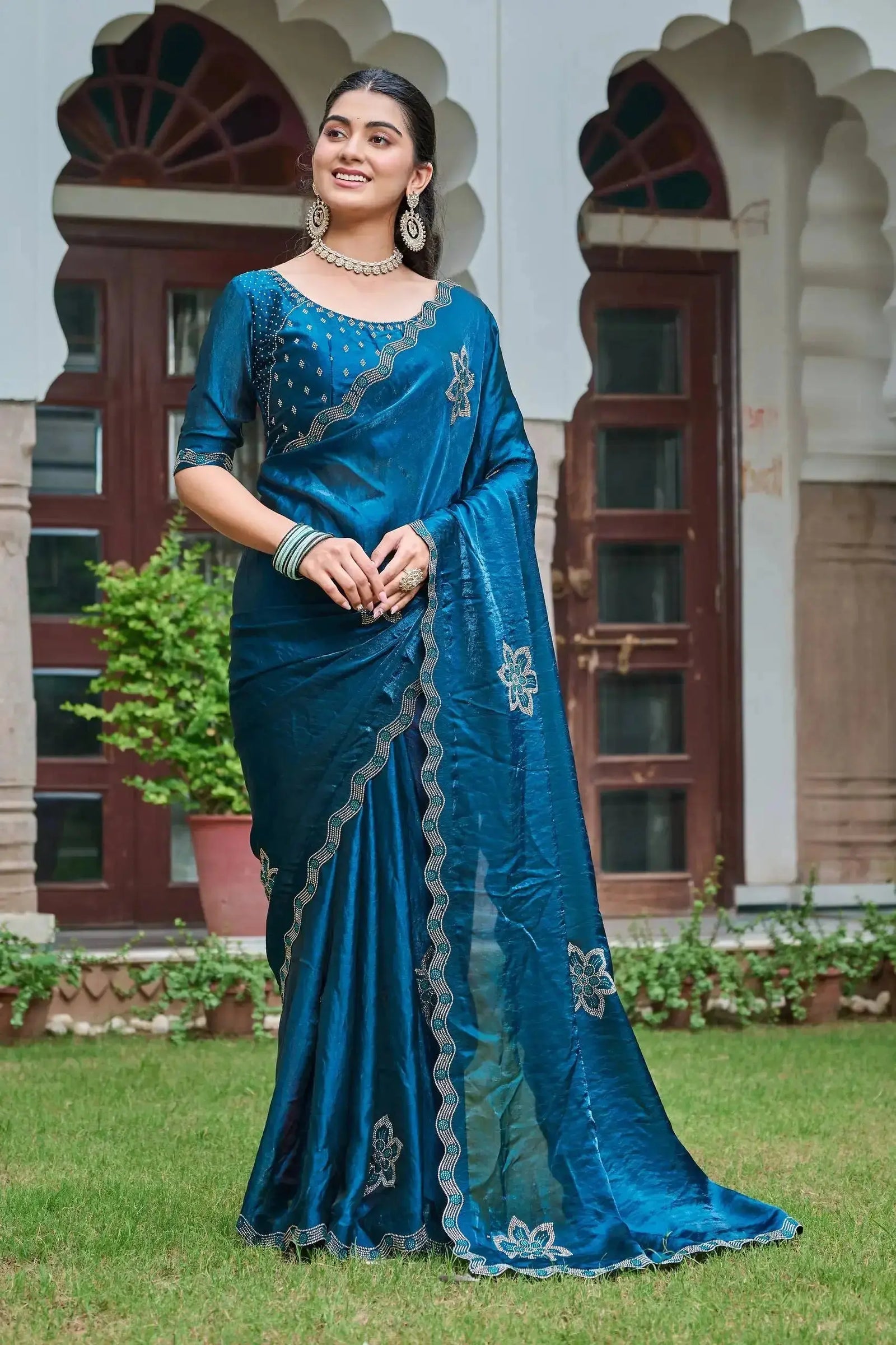 Navy Blue Diamond Work Saree draped, front view showing contrast border