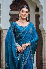 Navy Blue Diamond Work Saree portrait view with jewellery styling