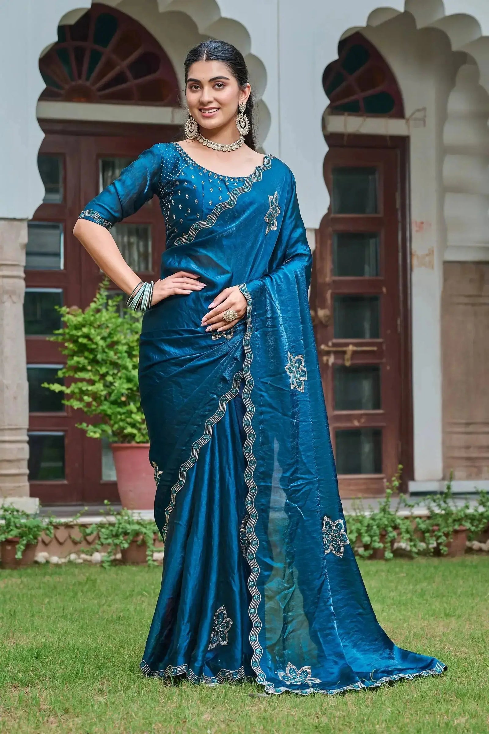 Navy Blue Diamond Work Saree standing pose showing full drape
