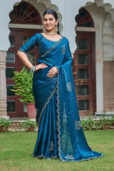 Navy Blue Diamond Work Saree standing pose showing full drape