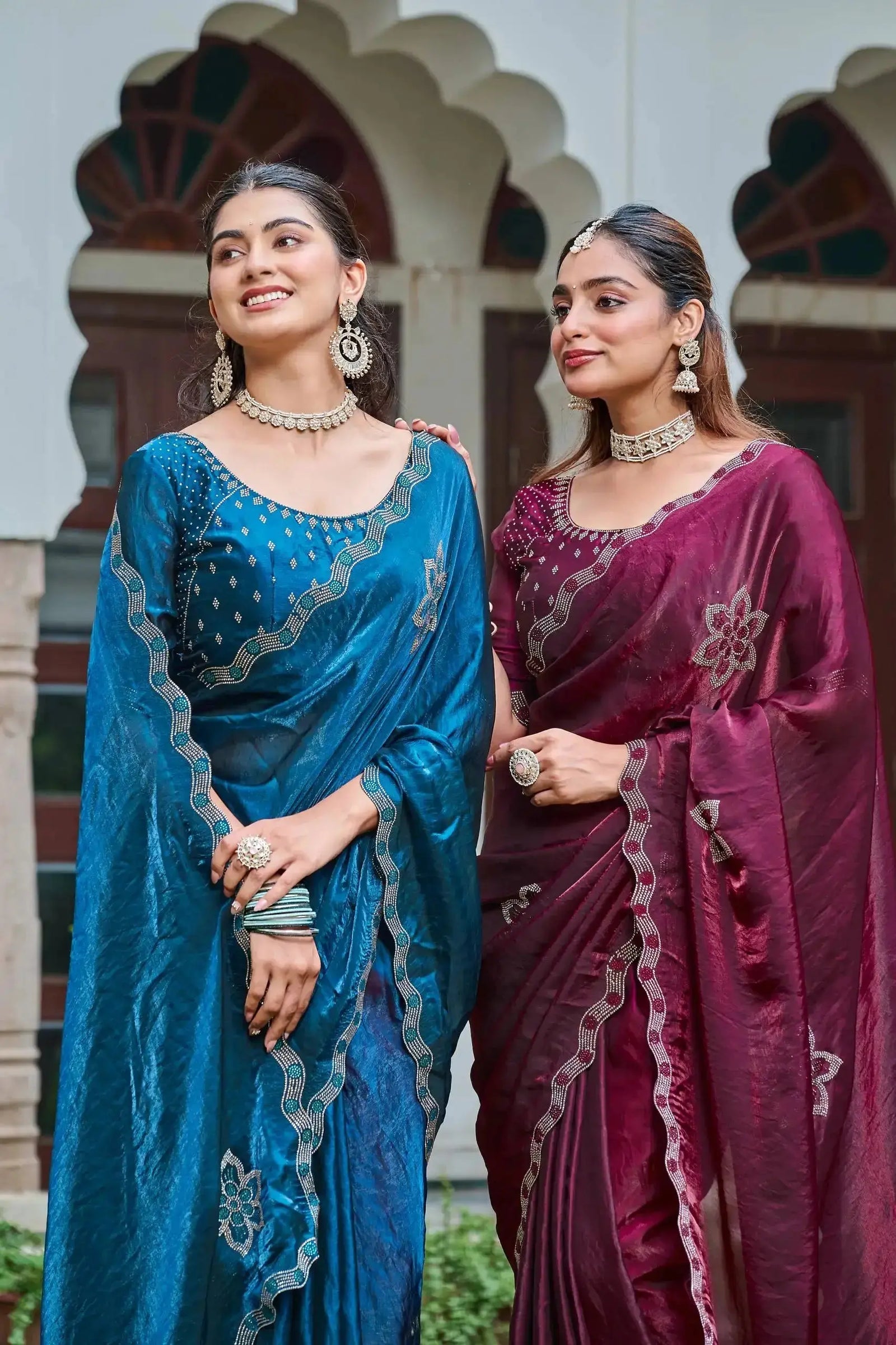 Navy Blue and Maroon Diamond Work Sarees styled together, front view