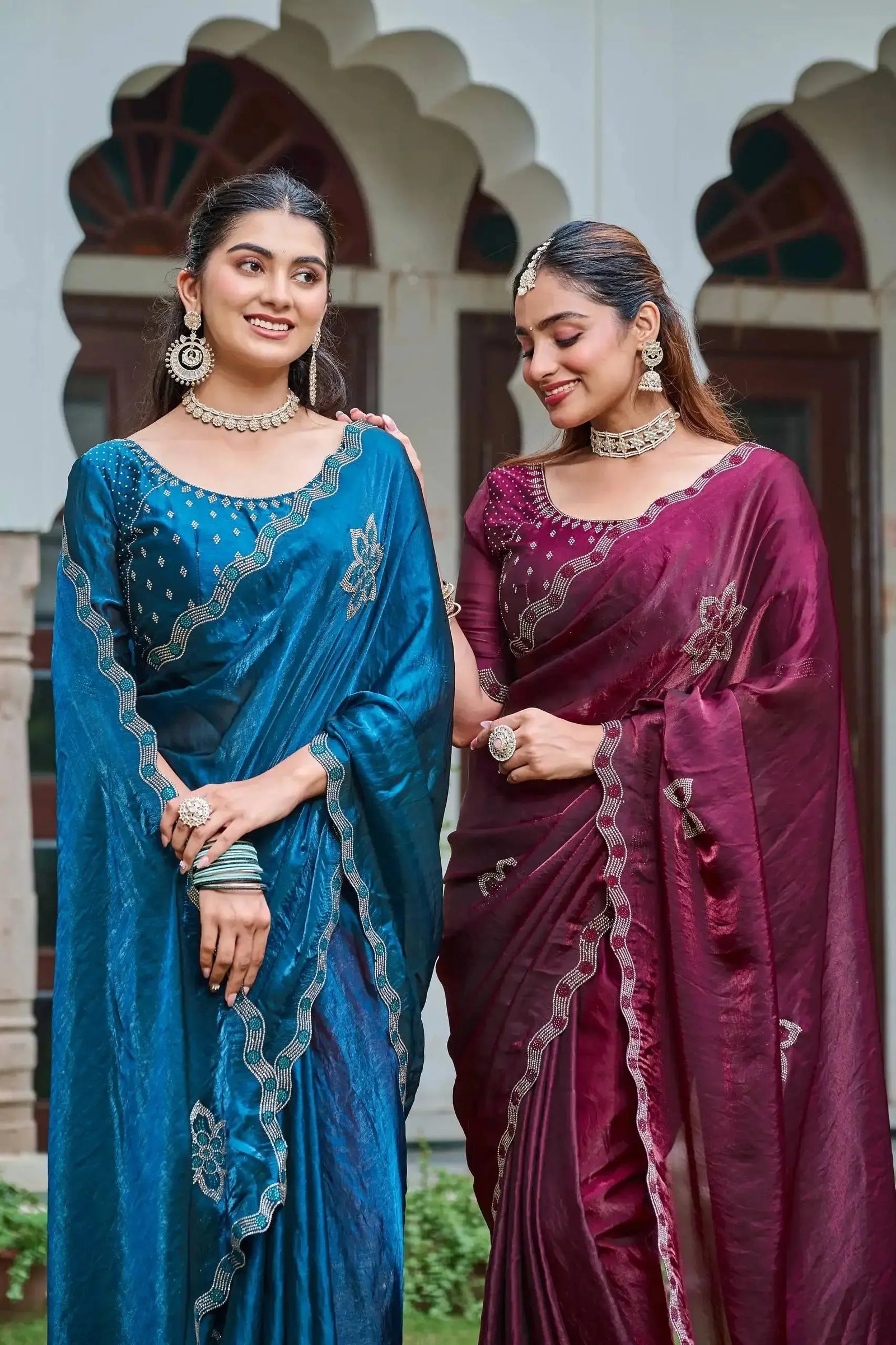 Navy Blue and Maroon Diamond Work Sarees styled together, side view
