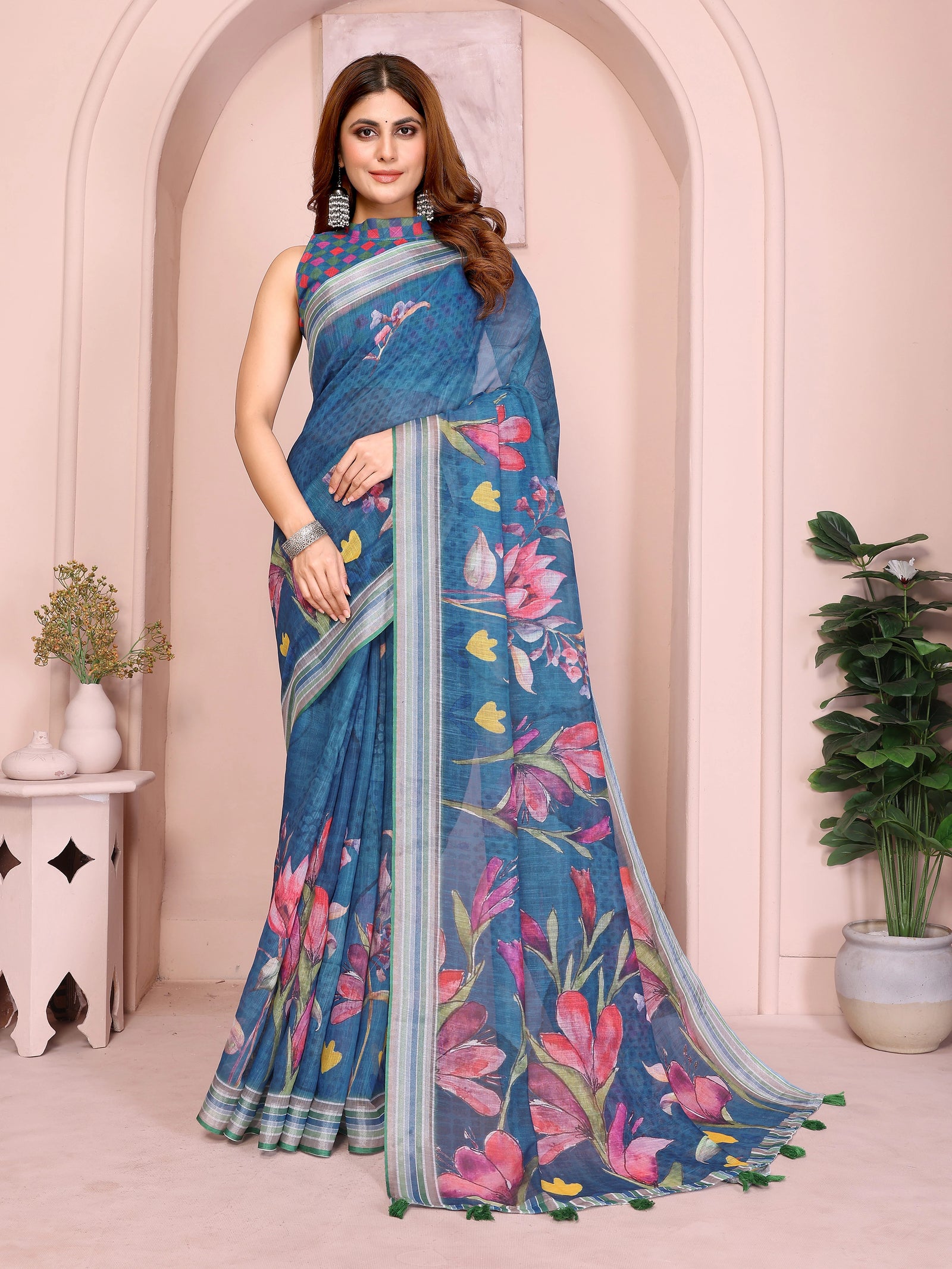 Navy Blue Digital Floral Print Saree – front drape view in linen cotton with vibrant floral motif