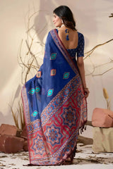 Navy Blue Geometric Print Saree back view