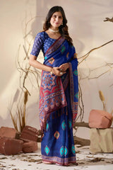 Navy Blue Geometric Print Saree full front view