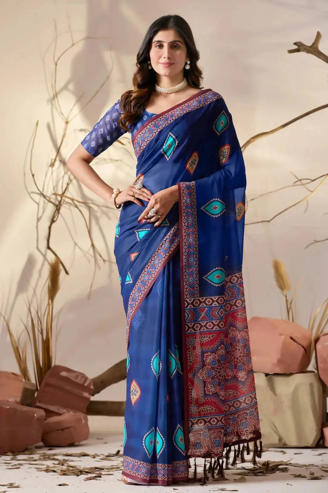 Navy Blue Geometric Print Saree front drape view