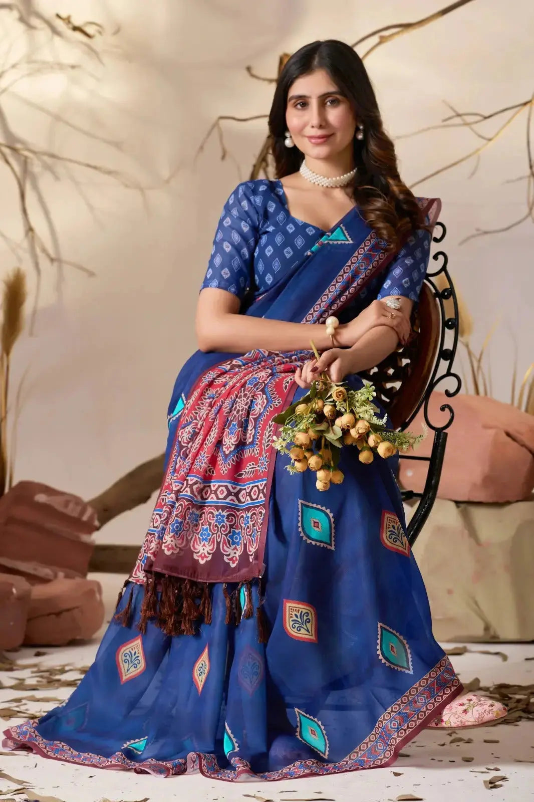 Navy Blue Geometric Print Saree seated pose