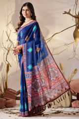 Navy Blue Geometric Print Saree side pallu view