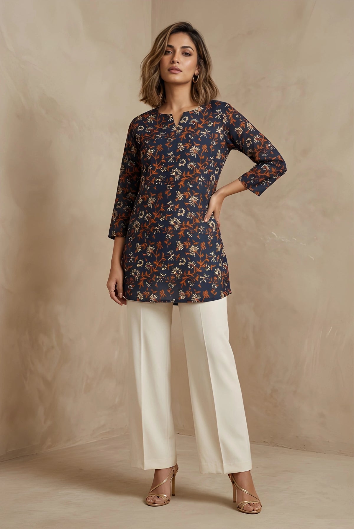 Woman wearing a floral top and white pants against a beige background