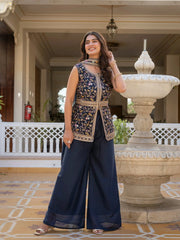 Elegant navy blue embroidered georgette suit featuring intricate floral patterns.