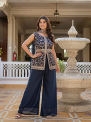 Navy blue embroidered georgette suit displayed with matching dupatta.