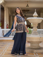 Navy blue georgette suit with golden thread embroidery highlights.