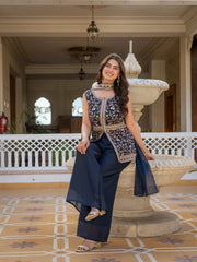 Elegant party wear navy blue embroidered georgette suit.