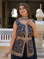 Traditional navy blue georgette suit with rich embroidery work.