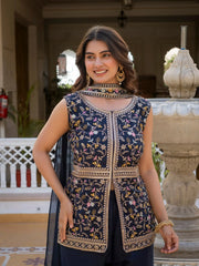 Heavy embroidered navy blue georgette suit styled for festive wear.