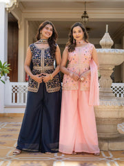 Navy blue georgette suit highlighting detailed craftsmanship in embroidery.
