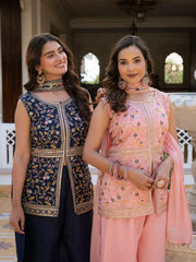 Full view of navy blue embroidered georgette suit with dupatta.