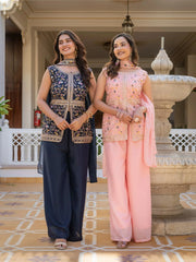 Luxurious navy blue star georgette suit with ornate embroidery design.