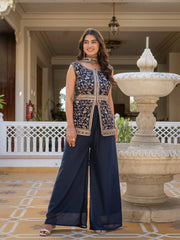 Close-up of navy blue georgette fabric highlighting detailed embroidery work.